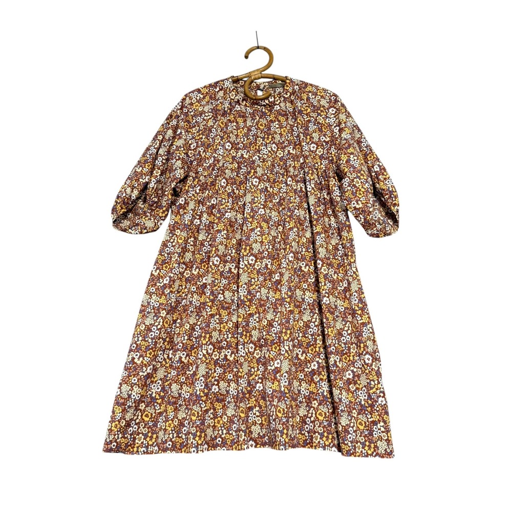 Everlane | Mini Yoke Dress Brown Floral Puff Sleeve Babydoll Size XL 100% Cotton